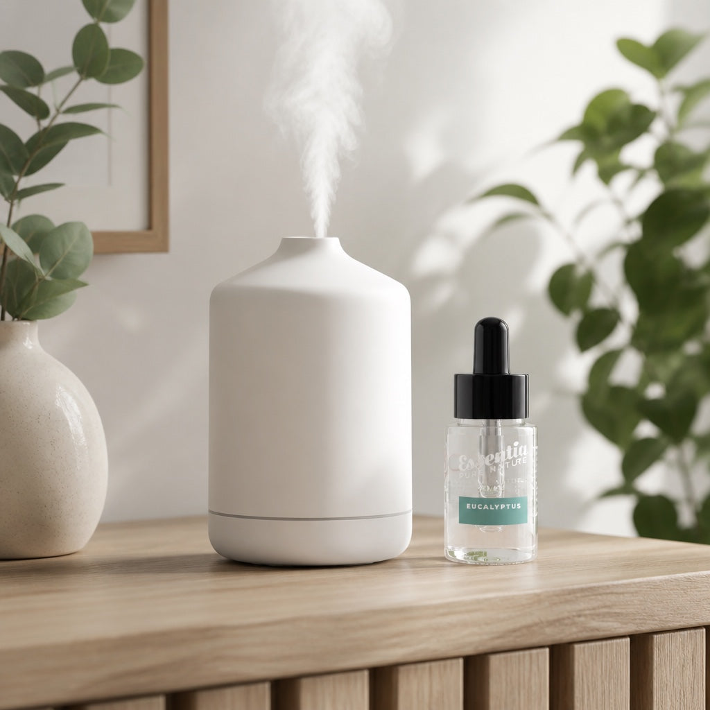 Ultrasonic diffuser with mist next to an oil bottle