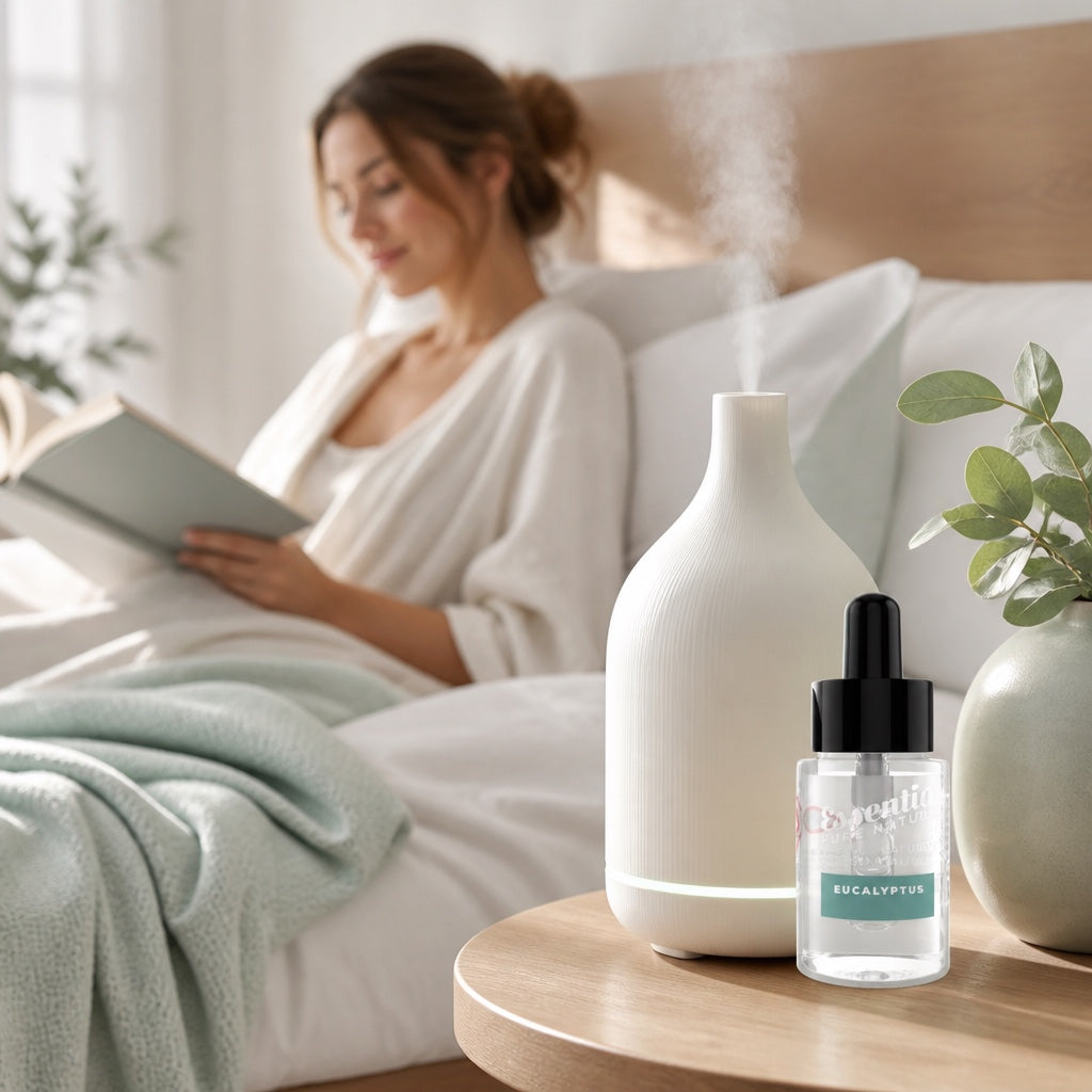 Relaxing with a book, diffuser on the bedside table